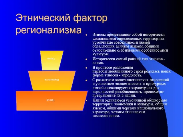 Этнический фактор регионализма Этносы представляют собой исторически сложившиеся определенных территориях устойчивые совокупности