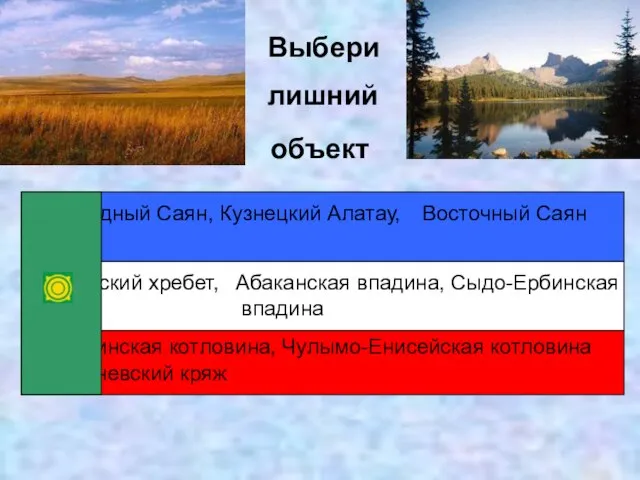 объект Выбери лишний Западный Саян, Кузнецкий Алатау, Абаканская впадина, Сыдо-Ербинская впадина Восточный