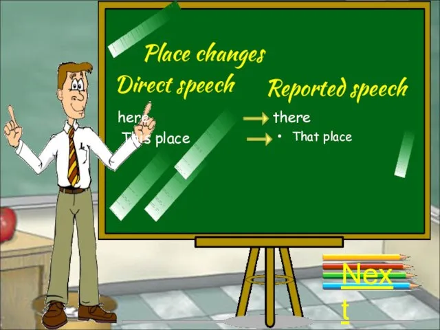 Place changes Direct speech Reported speech here there This place That place Next