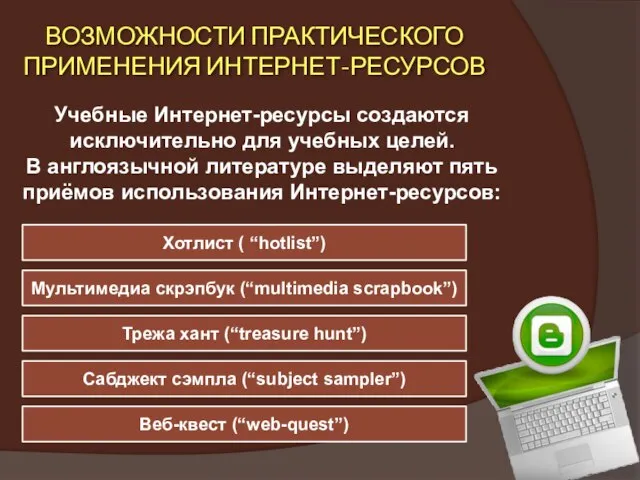 ВОЗМОЖНОСТИ ПРАКТИЧЕСКОГО ПРИМЕНЕНИЯ ИНТЕРНЕТ-РЕСУРСОВ Учебные Интернет-ресурсы создаются исключительно для учебных целей. В