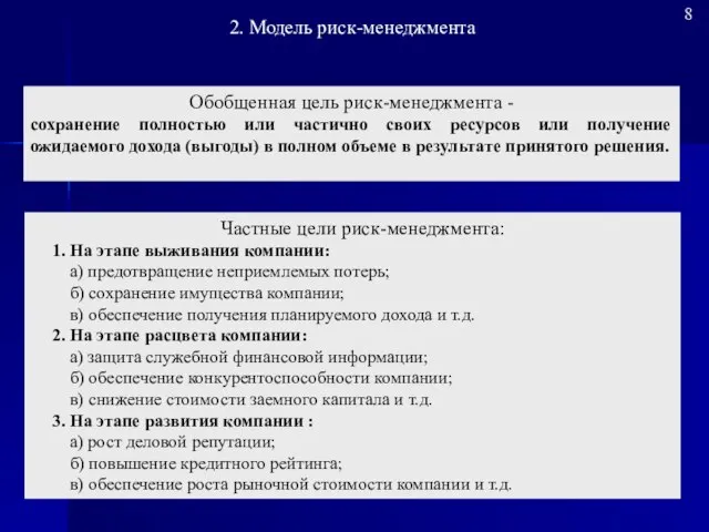 2. Модель риск-менеджмента 8 Частные цели риск-менеджмента: 1. На этапе выживания компании: