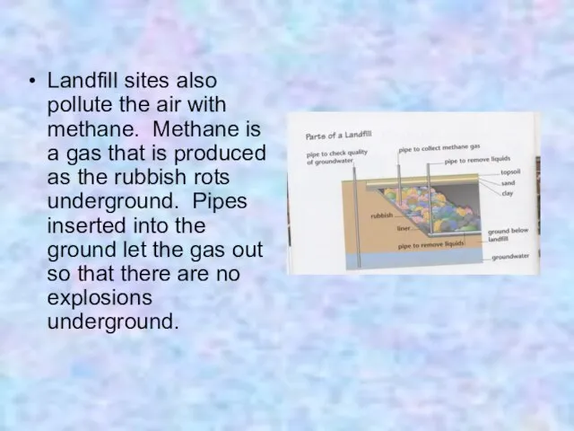 Landfill sites also pollute the air with methane. Methane is a gas