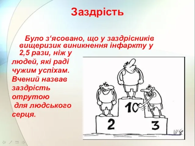 Заздрість Було з‘ясовано, що у заздрісників вищеризик виникнення інфаркту у 2,5 рази,