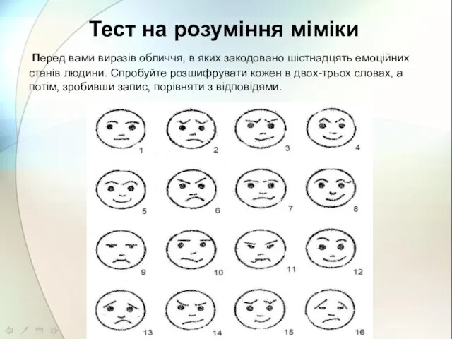 Тест на розуміння міміки Перед вами виразів обличчя, в яких закодовано шістнадцять