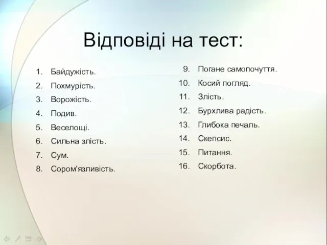 Відповіді на тест: Байдужість. Похмурість. Ворожість. Подив. Веселощі. Сильна злість. Сум. Сором'язливість.