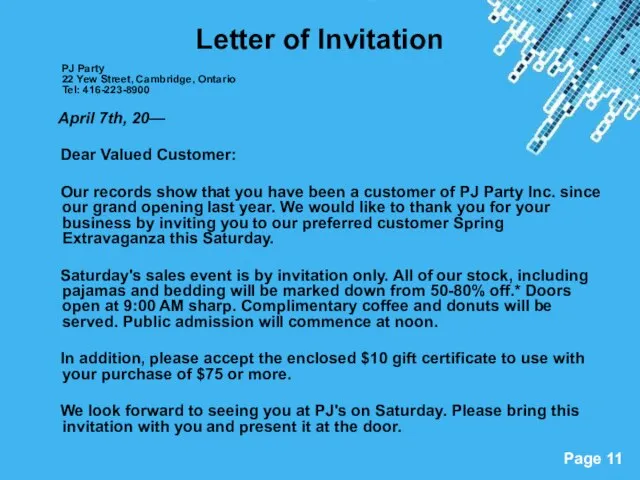 Letter of Invitation PJ Party 22 Yew Street, Cambridge, Ontario Tel: 416-223-8900