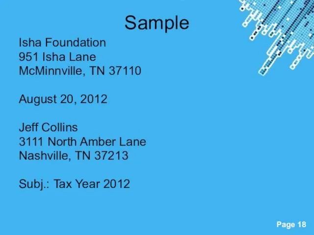 Sample Isha Foundation 951 Isha Lane McMinnville, TN 37110 August 20, 2012