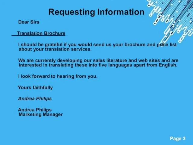 Requesting Information Dear Sirs Translation Brochure I should be grateful if you