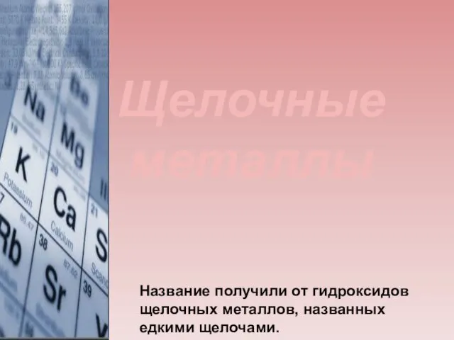 Щелочные металлы Название получили от гидроксидов щелочных металлов, названных едкими щелочами.