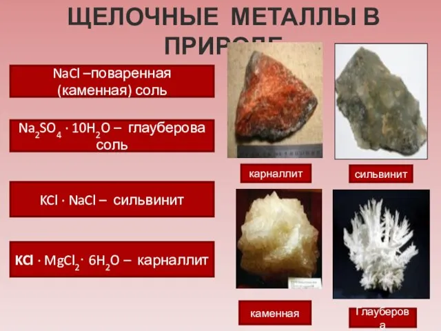 ЩЕЛОЧНЫЕ МЕТАЛЛЫ В ПРИРОДЕ каменная Глауберова сильвинит карналлит NaCl –поваренная (каменная) соль