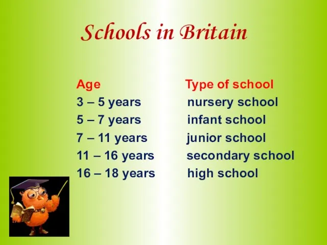 Schools in Britain Age Type of school 3 – 5 years nursery