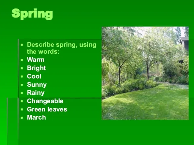 Spring Describe spring, using the words: Warm Bright Cool Sunny Rainy Changeable Green leaves March