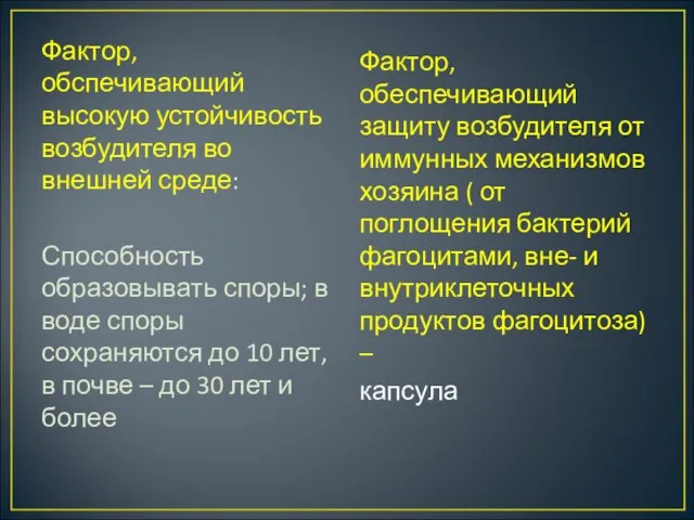 Фактор,обспечивающий высокую устойчивость возбудителя во внешней среде: Способность образовывать споры; в воде