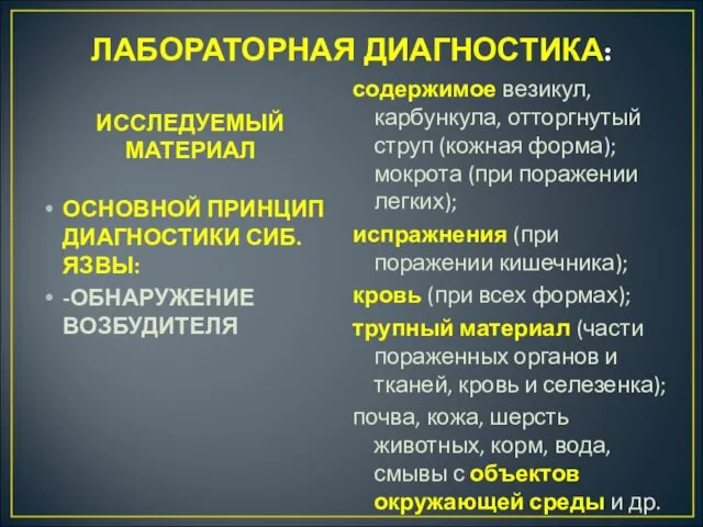 ЛАБОРАТОРНАЯ ДИАГНОСТИКА: ИССЛЕДУЕМЫЙ МАТЕРИАЛ ОСНОВНОЙ ПРИНЦИП ДИАГНОСТИКИ СИБ.ЯЗВЫ: -ОБНАРУЖЕНИЕ ВОЗБУДИТЕЛЯ содержимое везикул,