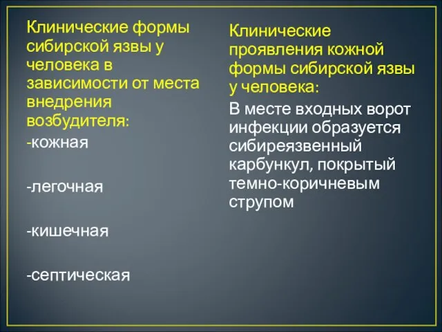 Клинические формы сибирской язвы у человека в зависимости от места внедрения возбудителя: