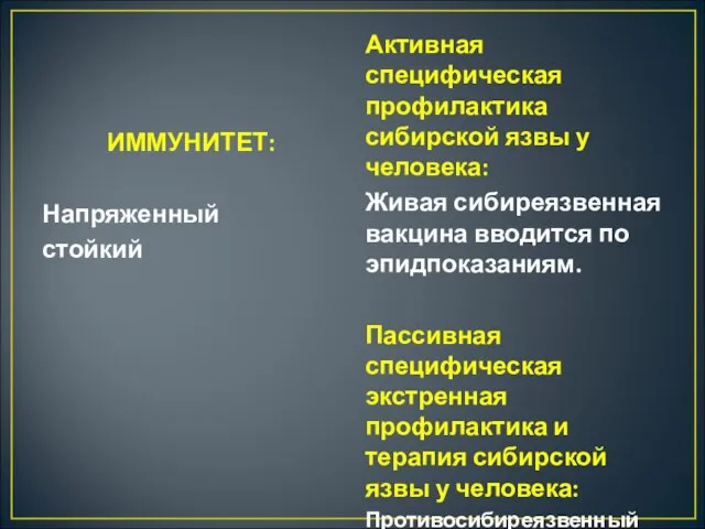 ИММУНИТЕТ: Напряженный стойкий Активная специфическая профилактика сибирской язвы у человека: Живая сибиреязвенная