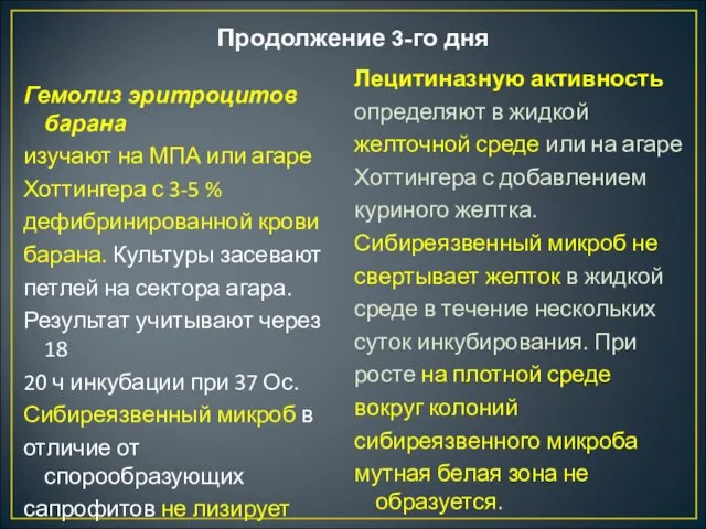 Продолжение 3-го дня Гемолиз эритроцитов барана изучают на МПА или агаре Хоттингера