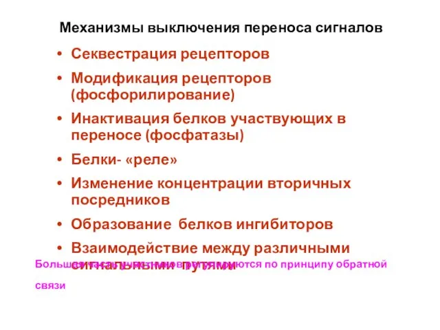 Секвестрация рецепторов Модификация рецепторов (фосфорилирование) Инактивация белков участвующих в переносе (фосфатазы) Белки-