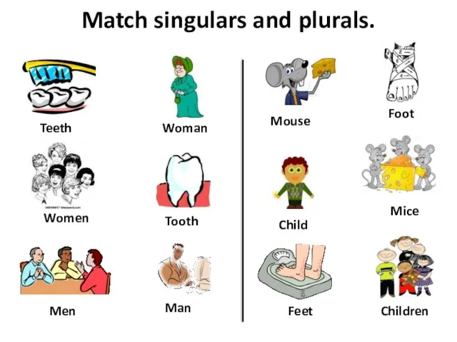 Match singulars and plurals. Child Man Tooth Children Men Teeth Foot Woman Mouse Feet Women Mice