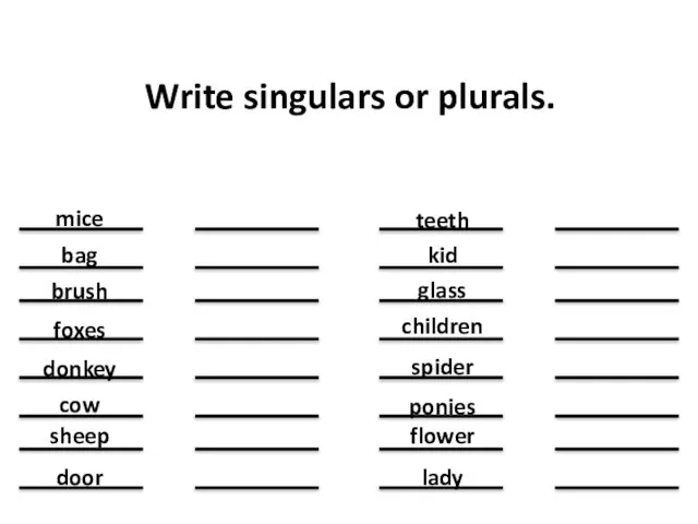 Write singulars or plurals. mice bag brush foxes donkey cow sheep door