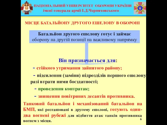 Батальйон другого ешелону готує і займає оборону на другій позиції на важливому