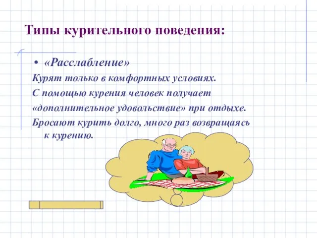 Типы курительного поведения: «Расслабление» Курят только в комфортных условиях. С помощью курения