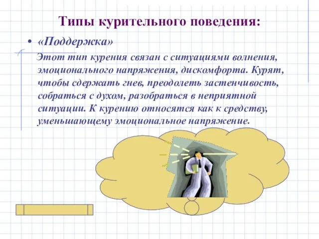 Типы курительного поведения: «Поддержка» Этот тип курения связан с ситуациями волнения, эмоционального