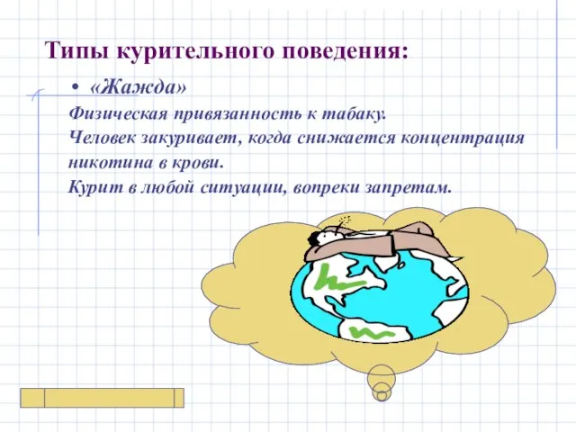 Типы курительного поведения: «Жажда» Физическая привязанность к табаку. Человек закуривает, когда снижается