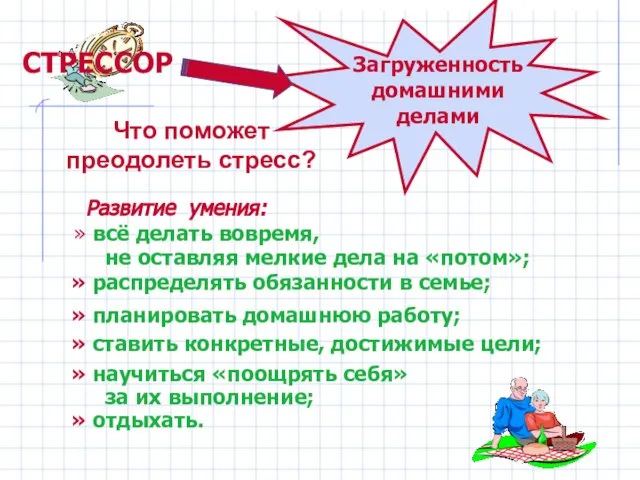 Что поможет преодолеть стресс? Загруженность домашними делами СТРЕССОР Развитие умения: всё делать