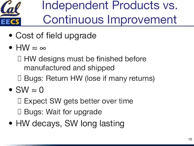 Independent Products vs. Continuous Improvement Cost of field upgrade HW ≈ ∞