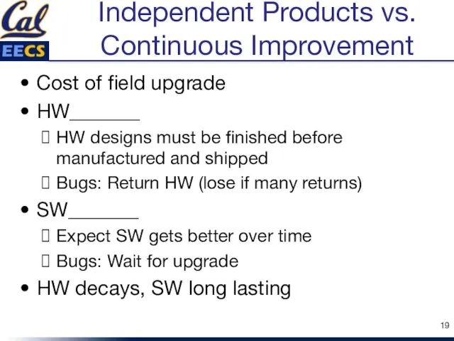 Independent Products vs. Continuous Improvement Cost of field upgrade HW_______ HW designs