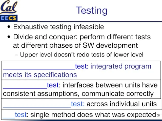 Testing Exhaustive testing infeasible Divide and conquer: perform different tests at different