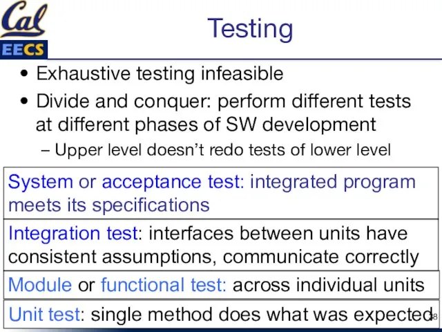 Testing Exhaustive testing infeasible Divide and conquer: perform different tests at different