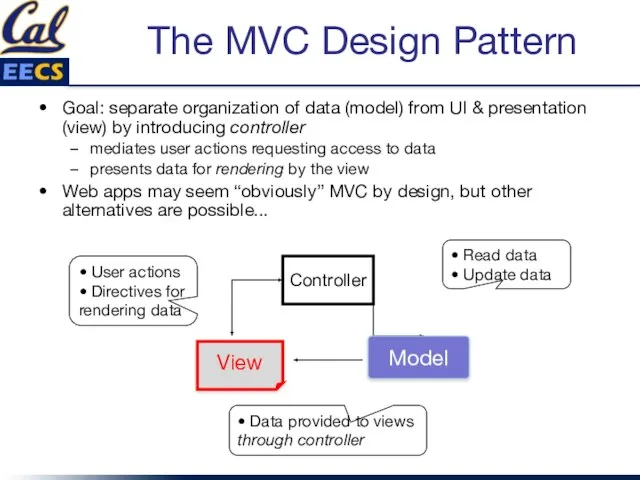 The MVC Design Pattern Goal: separate organization of data (model) from UI