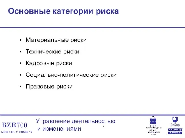 Основные категории риска Материальные риски Технические риски Кадровые риски Социально-политические риски Правовые риски