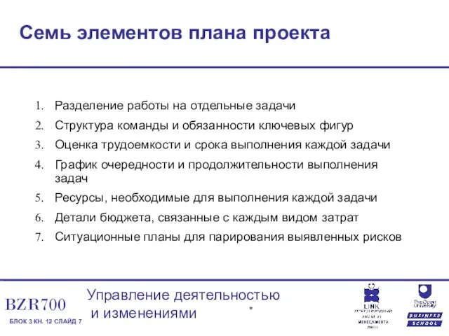 Семь элементов плана проекта Разделение работы на отдельные задачи Структура команды и