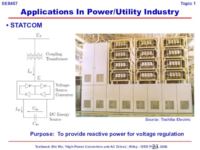 Source: Toshiba Electric STATCOM Purpose: To provide reactive power for voltage regulation Applications In Power/Utility Industry