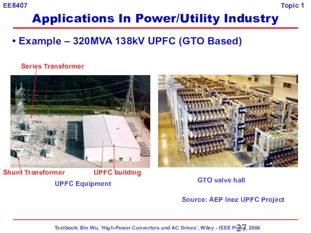 UPFC Equipment GTO valve hall Example – 320MVA 138kV UPFC (GTO Based)