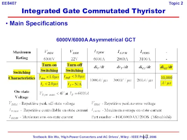 Main Specifications 6000V/6000A Asymmetrical GCT Integrated Gate Commutated Thyristor