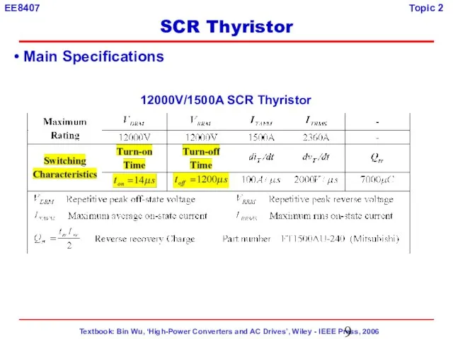 Main Specifications 12000V/1500A SCR Thyristor SCR Thyristor