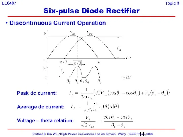 Discontinuous Current Operation Peak dc current: Average dc current: Voltage – theta relation: Six-pulse Diode Rectifier