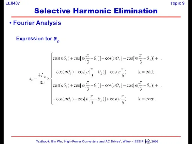 Expression for an Fourier Analysis Selective Harmonic Elimination