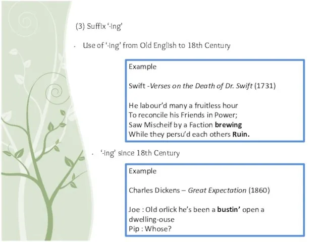 (3) Suffix ‘-ing’ Use of ‘-ing’ from Old English to 18th Century