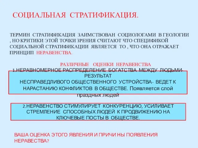 СОЦИАЛЬНАЯ СТРАТИФИКАЦИЯ. ТЕРМИН СТРАТИФИКАЦИЯ ЗАИМСТВОВАН СОЦИОЛОГАМИ В ГЕОЛОГИИ , НО КРИТИКИ ЭТОЙ