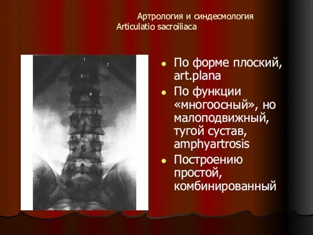 Артрология и синдесмология Articulatio sacroiliaсa По форме плоский, art.plana По функции «многоосный»,