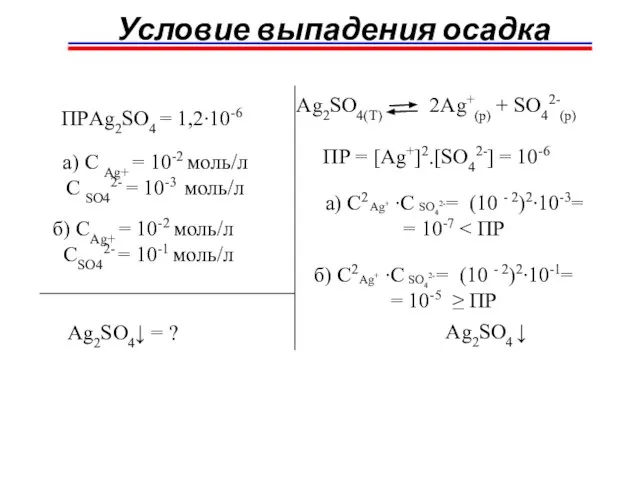 Условие выпадения осадка Ag2SO4↓ = ? a) C Ag+ = 10-2 моль/л