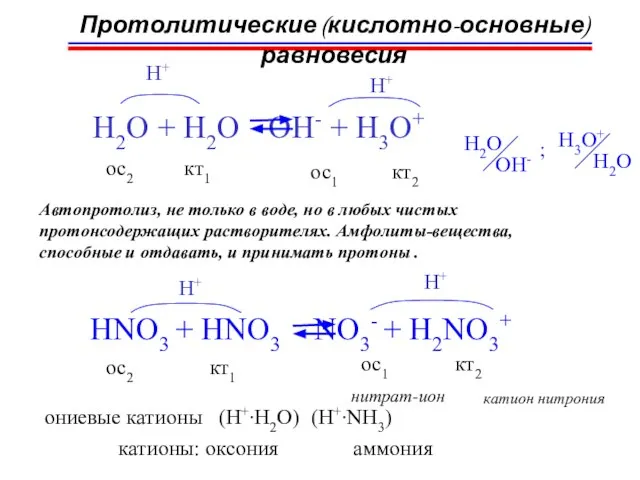 H2O + H2O OH- + H3O+ H+ H+ кт1 ос2 ос1 кт2