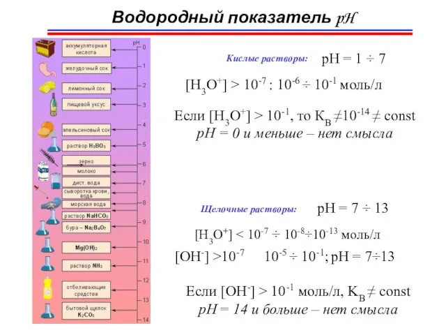 Водородный показатель pH Кислые растворы: [H3O+] > 10-7 : 10-6 ÷ 10-1