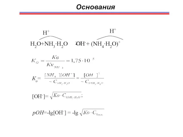 H2O+NH3∙H2O OH-+ (NH4∙H2O)+ H+ H+ Основания Ко= [OH-]= pOH=-lg[OH-] = -lg