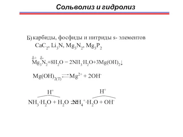 Сольволиз и гидролиз карбиды, фосфиды и нитриды s- элементов CaC2, Li3N, Mg3N2,